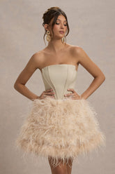 Champagne Strapless Mini Dress With Volume Feather Hem